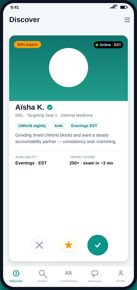 StudyMeet Discover screen showing a matched study partner profile with exam, specialty, and availability.