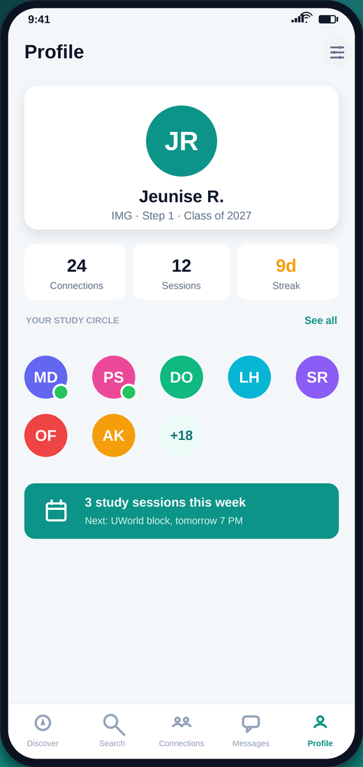 Profile screen with connections, sessions, study streak, and your study circle.